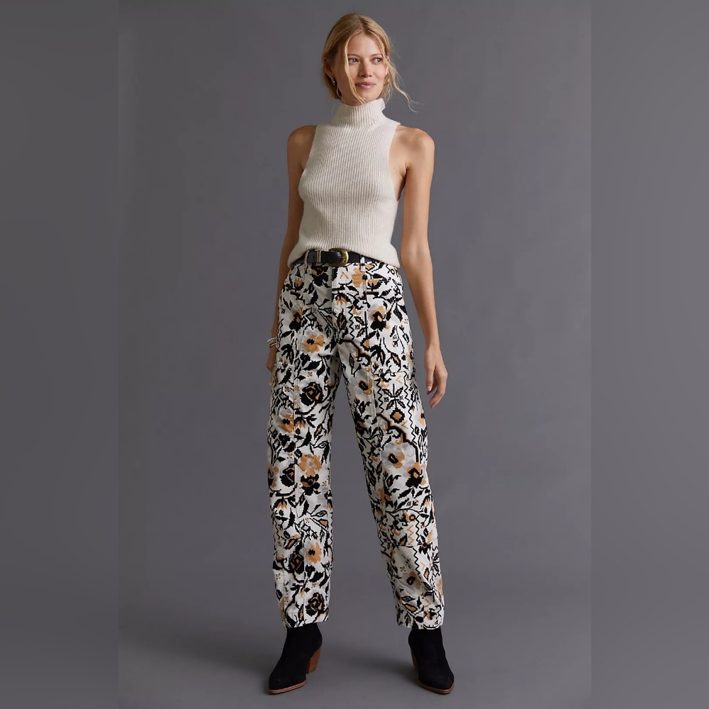 Anthropologie Floral Patchwork Corduroy Barrel Leg Pants Size 6P Boho Eclectic